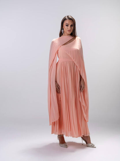 Peach Pleated Chiffon Dress