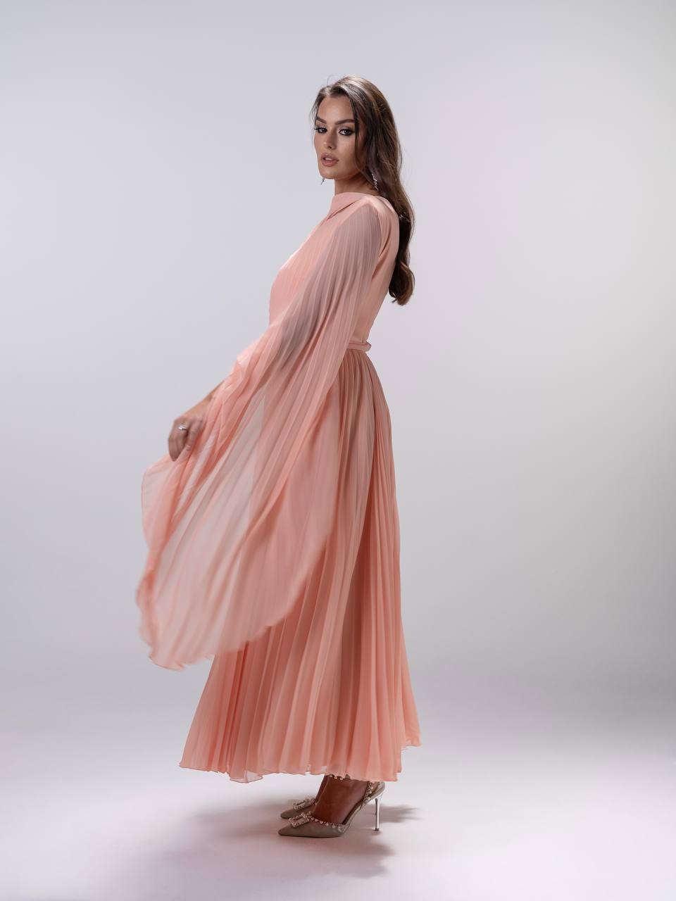 Peach Pleated Chiffon Dress