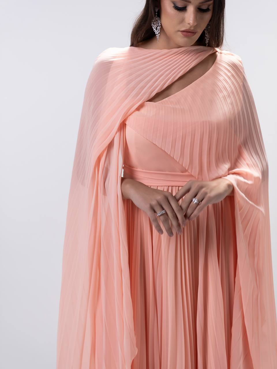 Peach Pleated Chiffon Dress