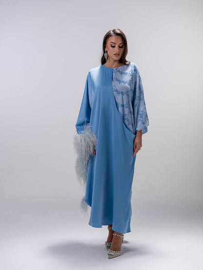 Blue Feathered Embroidered Dress