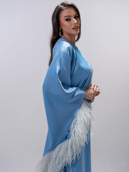 Blue Feathered Embroidered Dress