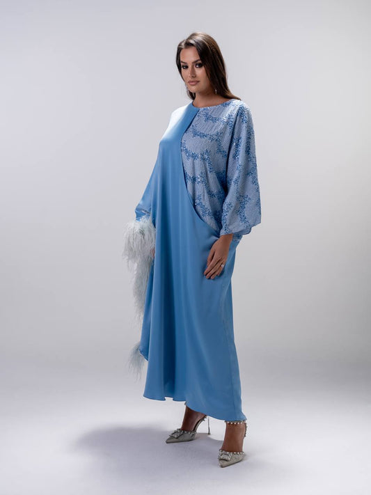 Blue Feathered Embroidered Dress