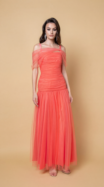 Coral Pleated Tulle Dress