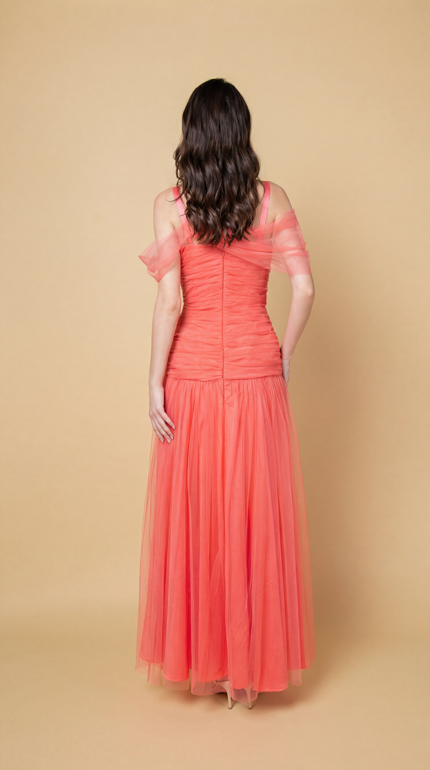 Coral Pleated Tulle Dress
