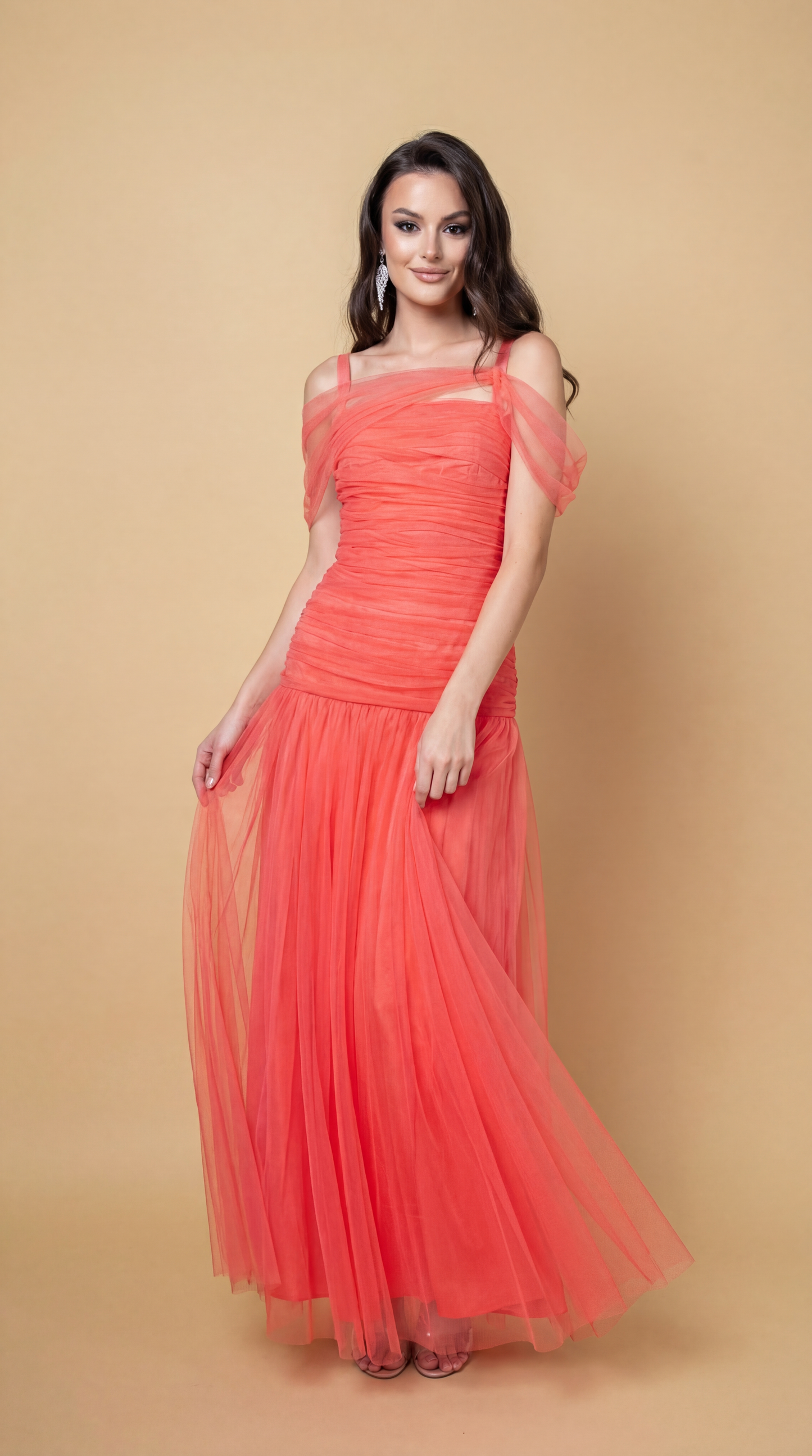 Coral Pleated Tulle Dress