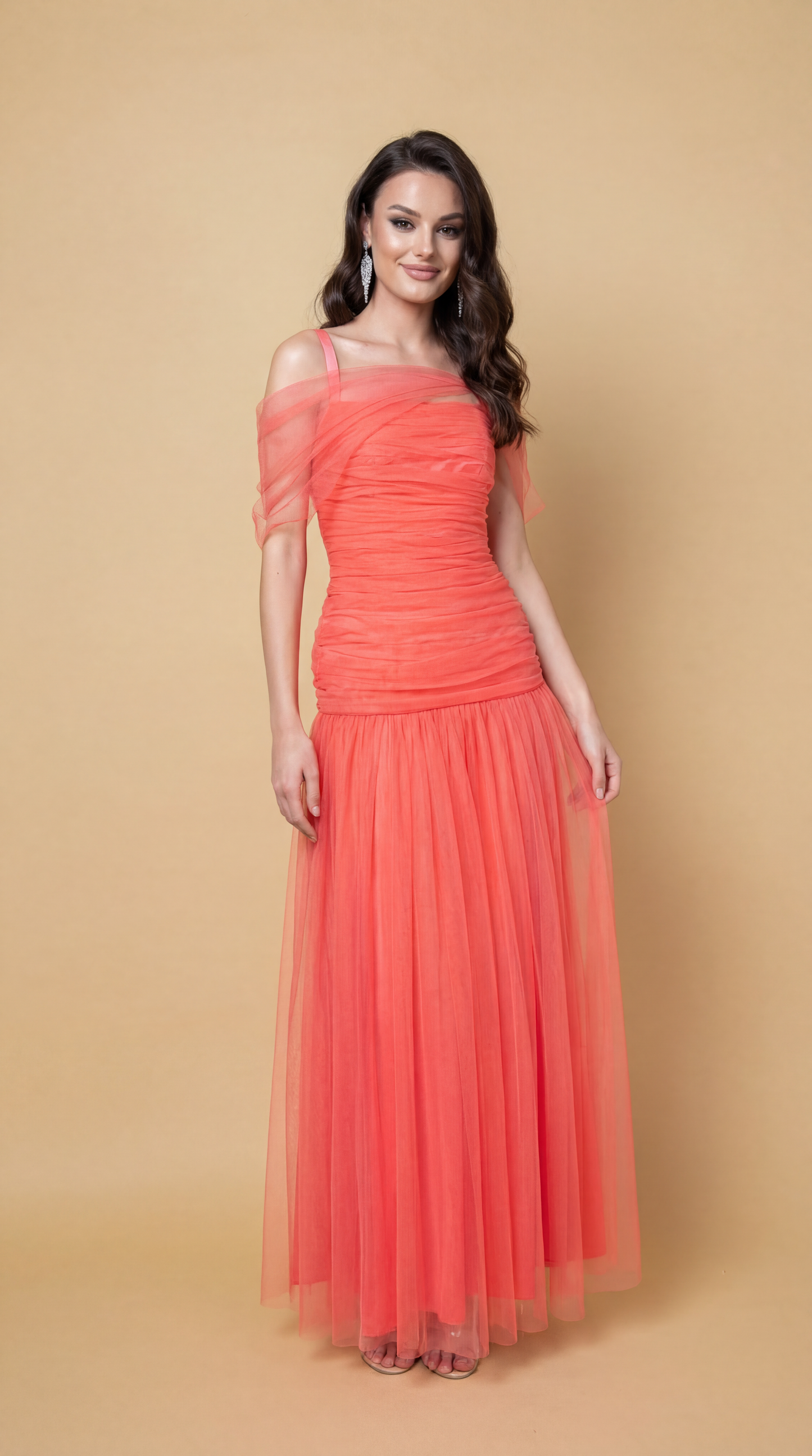 Coral Pleated Tulle Dress