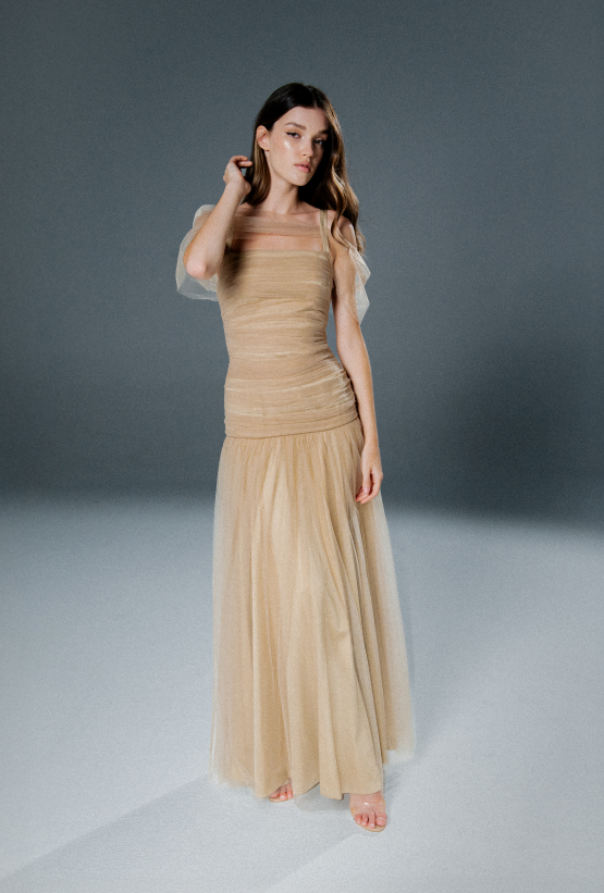 Nude Pleated Tulle Dress