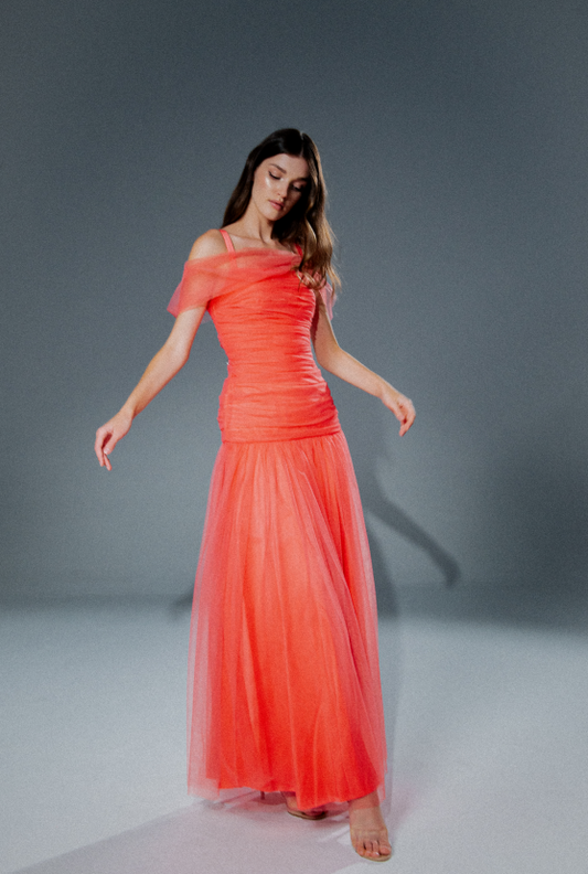 Coral Pleated Tulle Dress