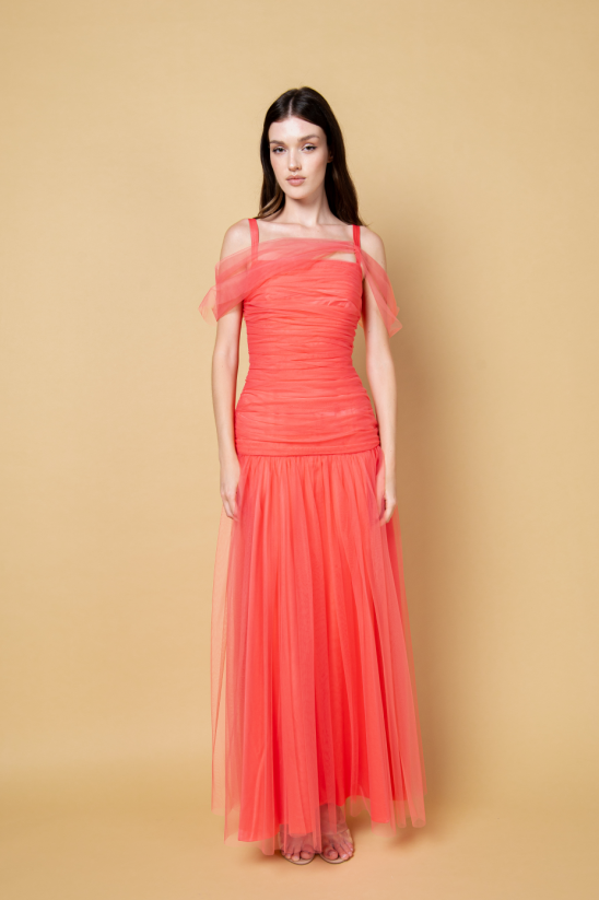 Coral Pleated Tulle Dress