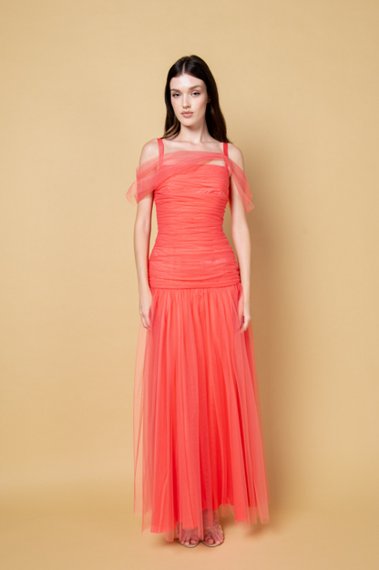 Coral Pleated Tulle Dress