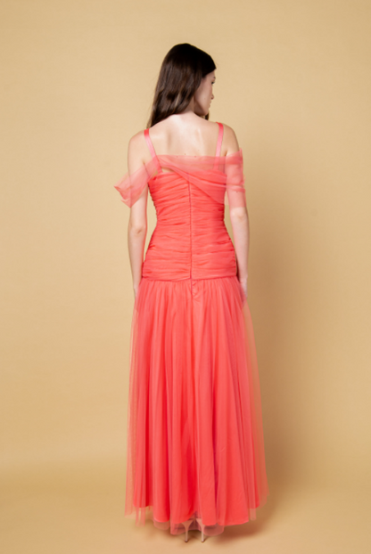 Coral Pleated Tulle Dress