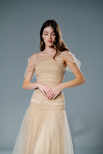 Nude Pleated Tulle Dress